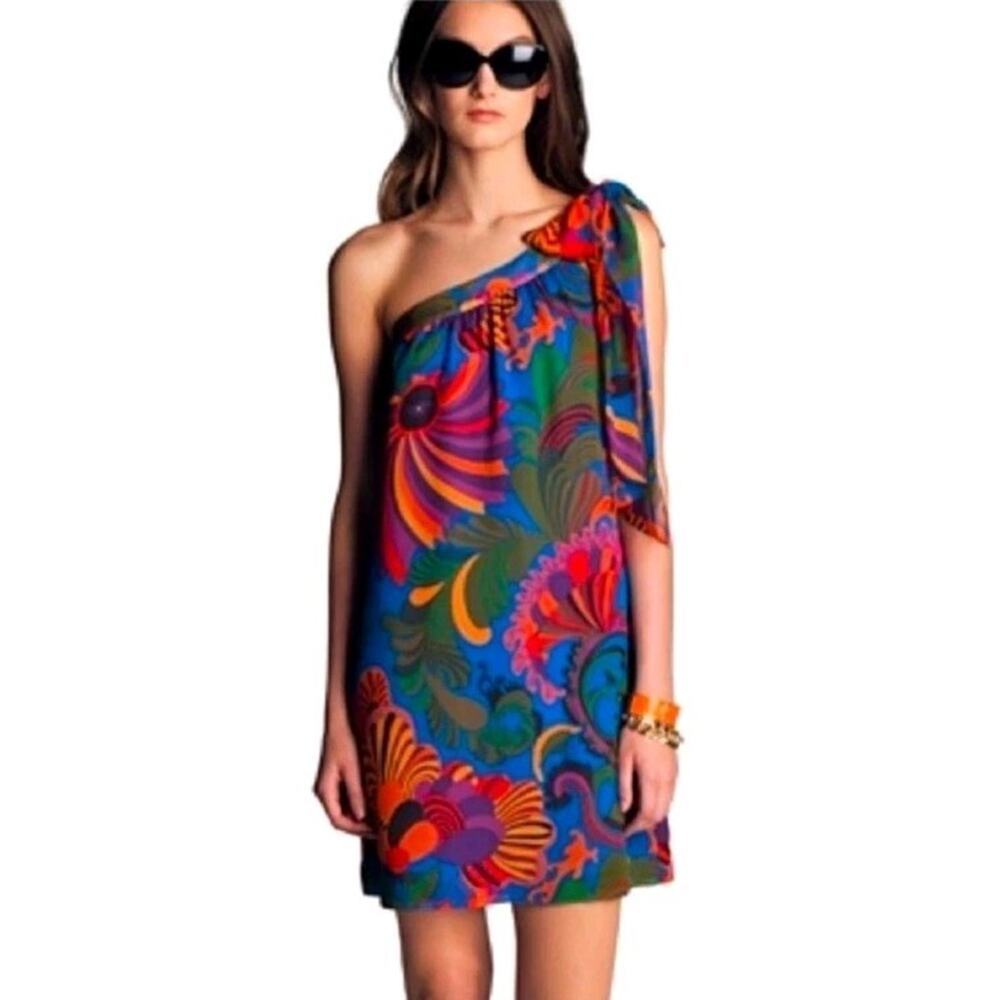 Banana Republic Trina Turk Silk One Shoulder Mini Shift Dress Sz 2 Resortwear